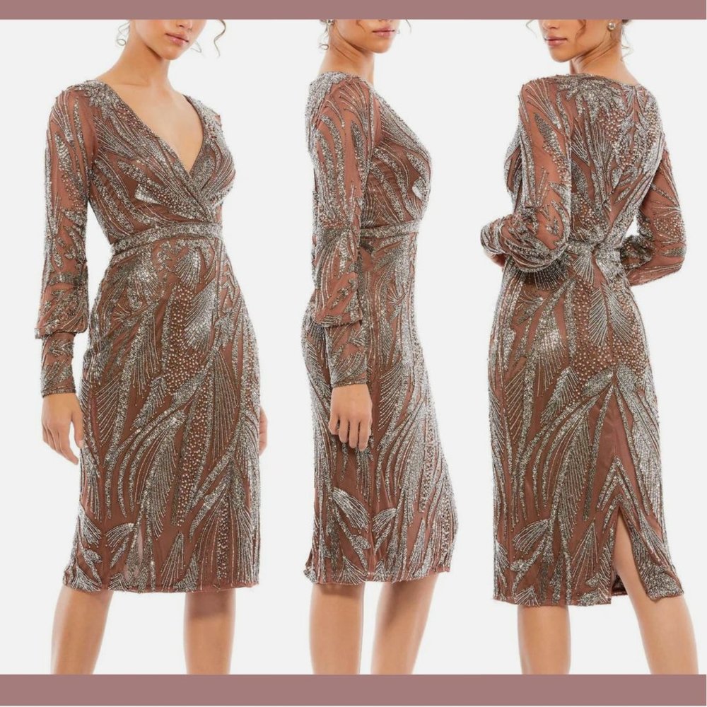 NWT $498 Mac Duggal [ 12 ] Beaded Long‎ Sleeve Wrap Over Midi Dress Mocha